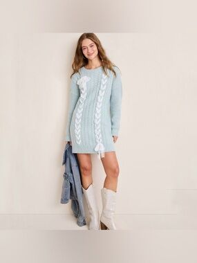 Francesca's Collections Light Blue and White Isabel Lace Up Knit Sweater Dress